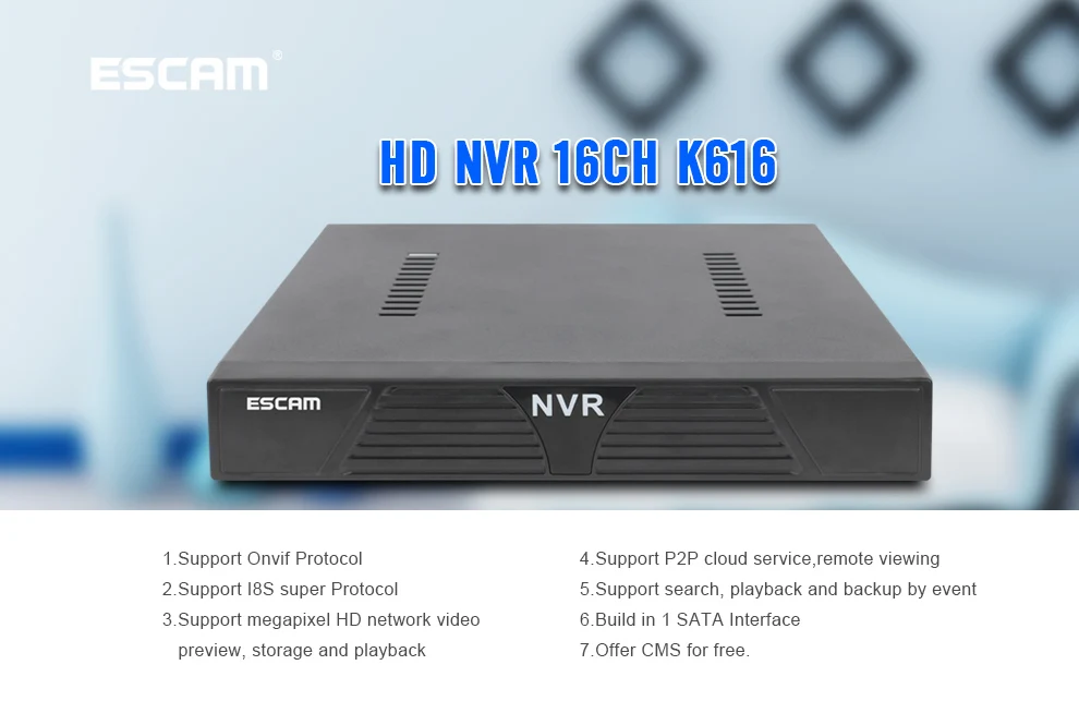 ESCAM K616 NVR HD 1080P 16CH сетевой видеорегистратор H.264 HDMI/VGA видео выход Поддержка Onvif P2P облачный сервис