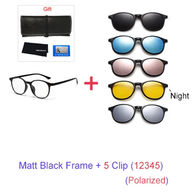 TWO Oclock Magnet Sunglass Women Men Polarized Lens Optical Spectacle Frame Clip On Glasses Men Round TR90 3D Night Vision A2245 - Цвет линз: 1 Frame 5 Clip 12345