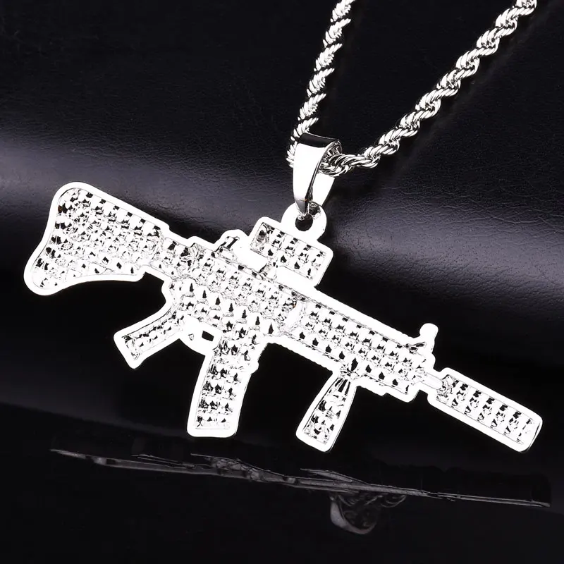 Золотой Серебряный цвет хип-хоп bling стразы M4 карабин форма кулон ожерелье 76 см длинная цепочка колье с кулонами в виде пистолетов для мужчин ювелирные изделия