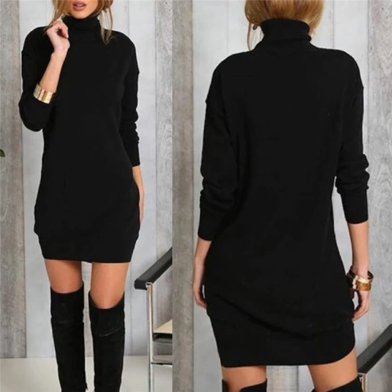 Warm Turtleneck Long Sleeve Dress Charm Women Vestidos Fall Winter Cotton Blend Mini Casual Solid Dresses | Женская одежда