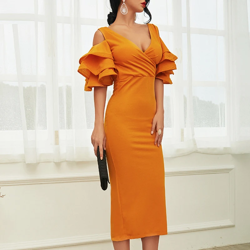 INDRESSME Новое Женское желтое платье с рюшами и бабочкой с коротким рукавом, летнее платье с v-образным вырезом, вечерние платья знаменитостей, Клубное платье миди