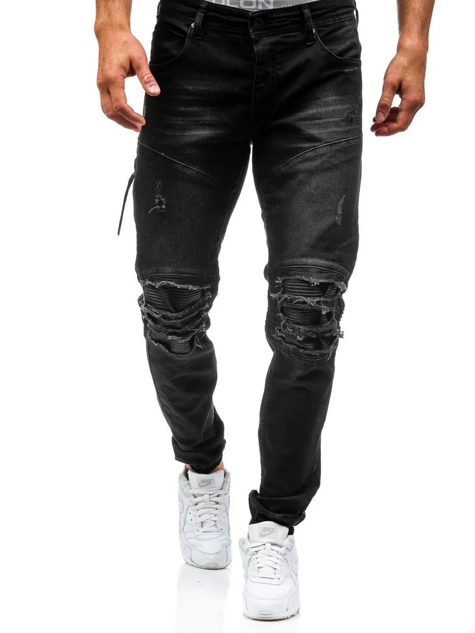 Mens Cotton Elastic Knee Hole Patch Jeans New Slim Solid Color Washed Trousers Male Hip Hop Beam Foot Pants Pencil | Мужская одежда
