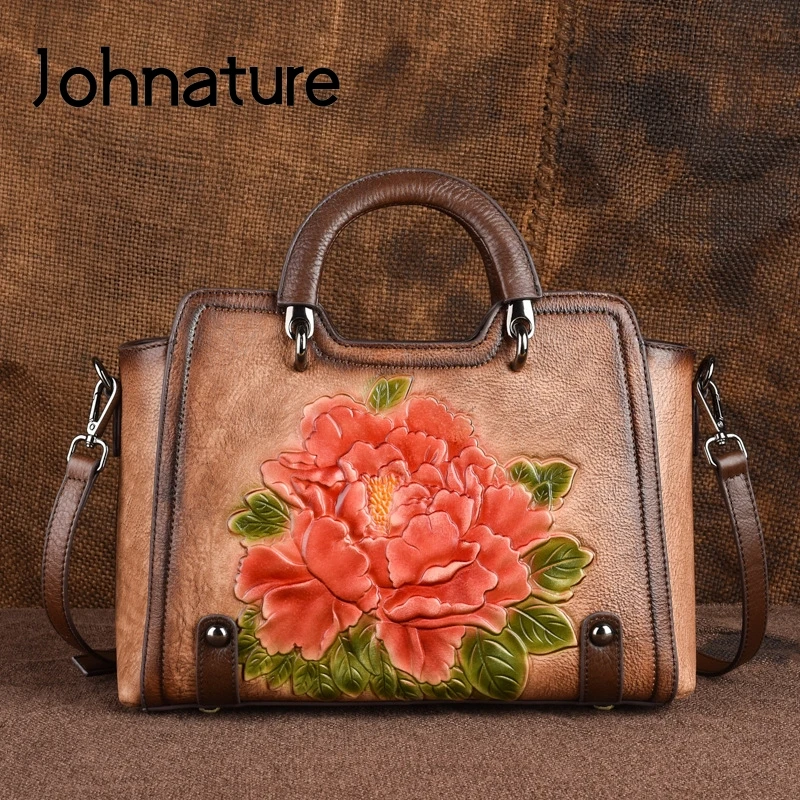 Johnature 2020 Новинка Ретро воловья кожа тисненая Большая вместительная женская сумка