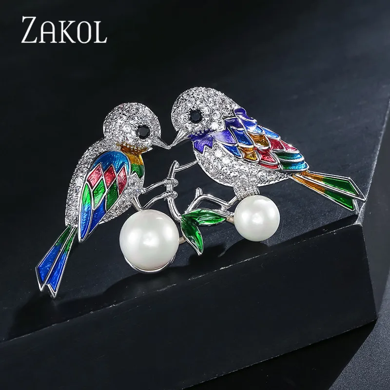 ZAKOL New Fashion Cute Animal Enamel Jewelry Large Vintage Pearl Bird Brooches and Pins for Women Christmas Gifts Broches ZX1046 | Украшения
