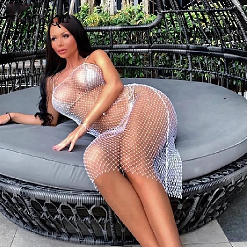 Новинка сексуальное блестящее Сетчатое платье с бриллиантами женская летняя