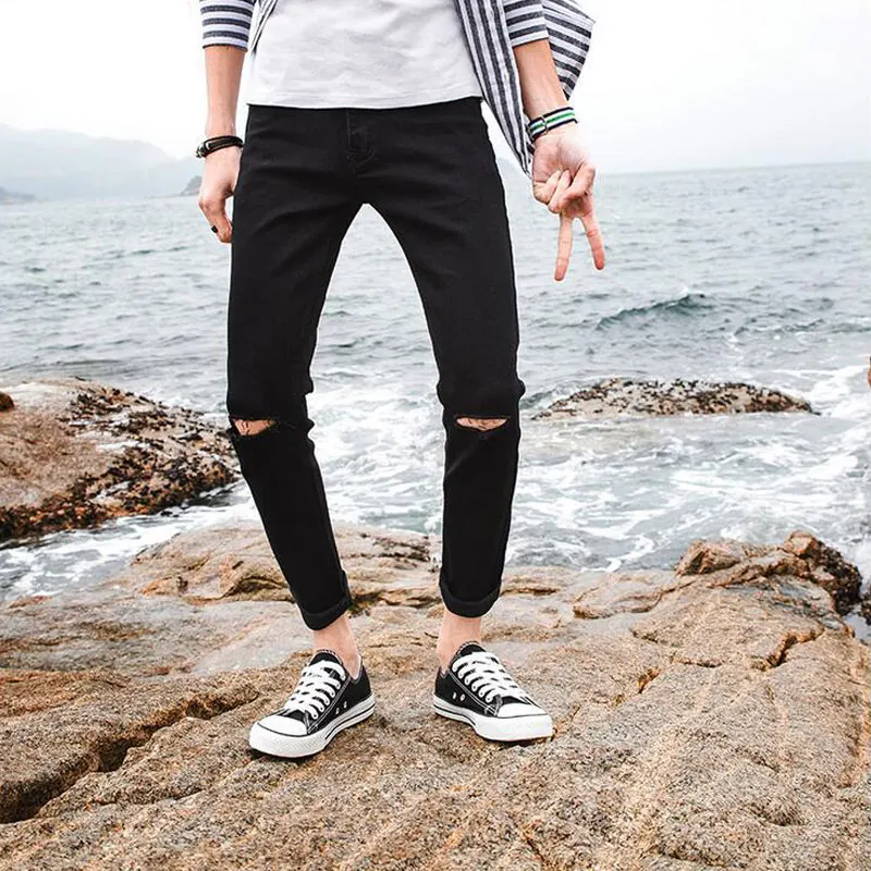 Модные летние рваные джинсы брюки для мужчин Slim Fit Skinny Stretch черные мужские узкие с