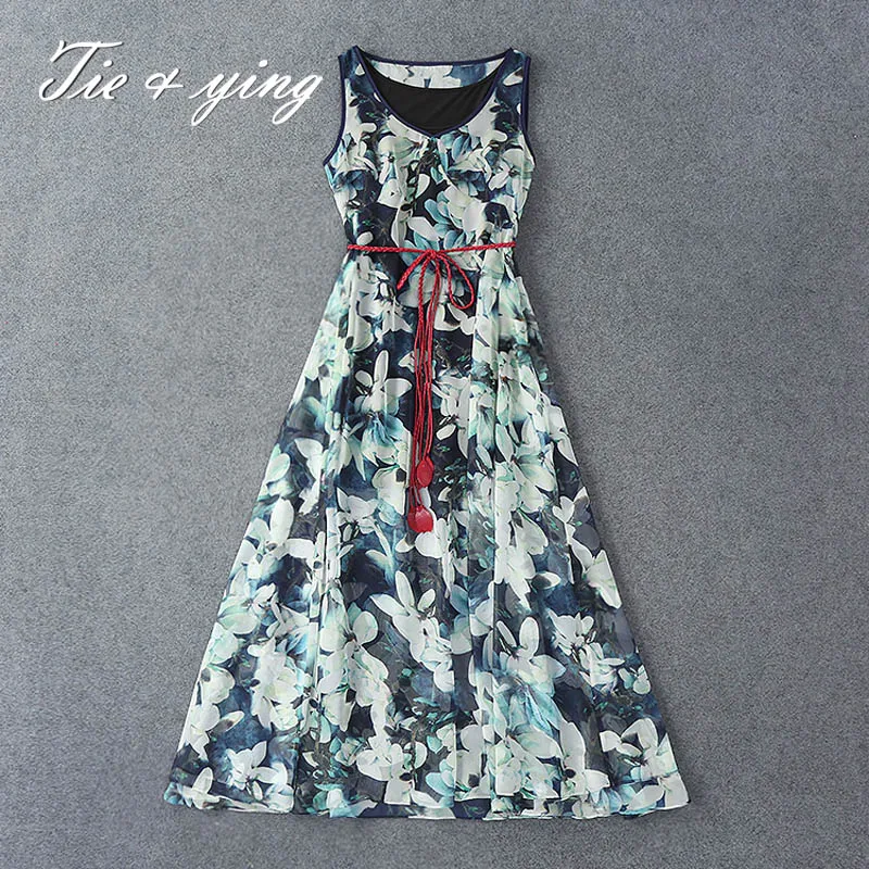 Evening print dress 2016 summer American and European runway high quality sleeveless long ball gown full female | Женская одежда