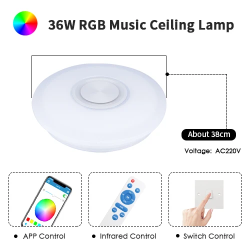 Светодиодный потолочный светильник, Bluetooth, RGB, умная музыкальная лампа с регулируемой яркостью, AC 220 В, 240 в, для гостиной, домашнего декора, вечерние, 36 Вт, 40 Вт, приложение, дистанционное управление - Цвет корпуса: RGB-RT-BT-APP 38cm