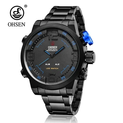 Black Blue Новинка Ohsen цифровой бренд кварцевые мужские деловые наручные часы белый полный стальной ремешок модный светодиодный военный наряд повседневные часы подарок - Цвет: Black Blue