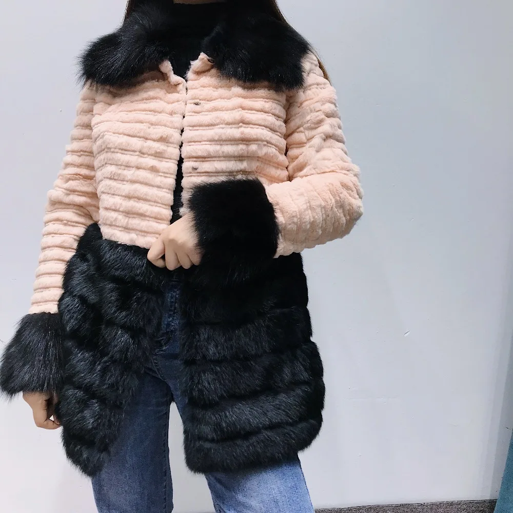 Autumn Winter New Fur Round Collar Real Rabbit Coat Medium Full And Fox collar 2018 Fashion Slim Thick Warm | Женская одежда