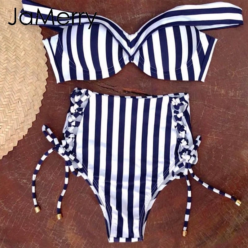 Женский раздельный купальник в красную полоску пуш ап с v образным вырезом