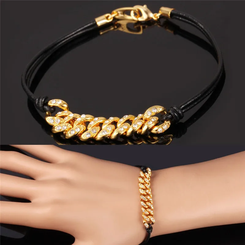 

Mens Bracelets For Women Fashion Yellow Gold Color Helix Chain Austrian Rhinestone 21CM Black Leather Bracelet Sale H443