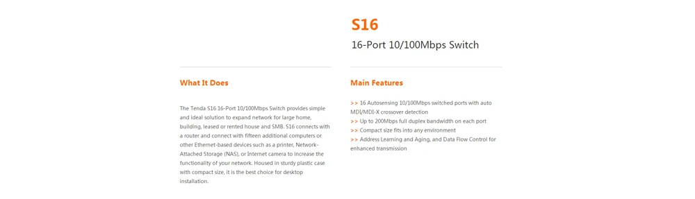 Tenda S16 16-Порты и разъёмы Настольный Ethernet-коммутатор, 10/100 Мбит/с автосогласования RJ45 Порты, auto MDI/MDIX