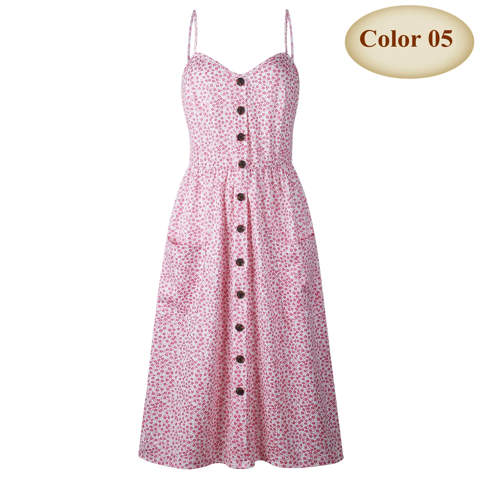 Color 05 New Boho Off-shoulder Party Beach Sundress Spaghetti Long Dresses Plus Size Summer Women Button Decorated Print Dress CRRIFLZ - Цвет: Color 05