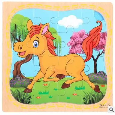 Horse Новые 16 шт деревянные Мультяшные животные Развивающие головоломки игрушки для детей - Цвет: Horse