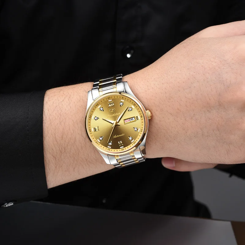 Роскошные мужские часы JSDUN автоматические механические золотые из нержавеющей
