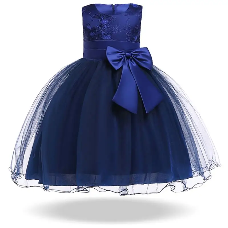 Navy Blue Коллекция года, зимний костюм с длинными рукавами платье с цветочным рисунком для девочек элегантные Детские платья принцессы для девочек, одежда Вечерние платья на свадьбу - Цвет: Navy Blue