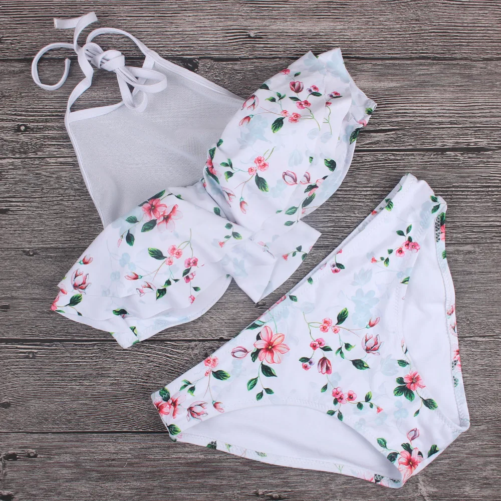 Женский сетчатый купальник-бикини с высокой горловиной и оборками Цветочный