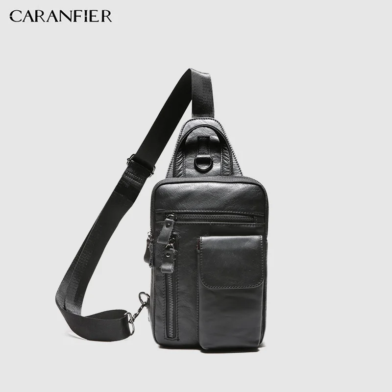 

CARANFIER Mens Chest Bags Shoulder Messenger Bag Genuine Cowhide Leather Casual Men Zipper Soft Male Classic Small Travel Bags