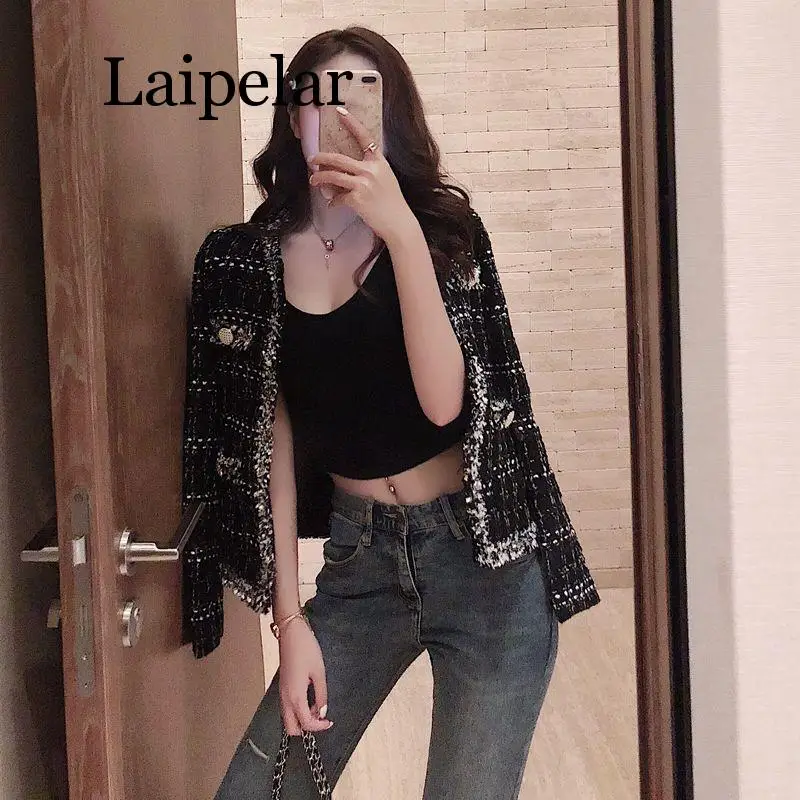 

New Womens Black Tweed Jackets Plaid Coats Autumn Small Fragrance Long Sleeve Elegant Tassel Jackets Open Stitch Coats Outerwear