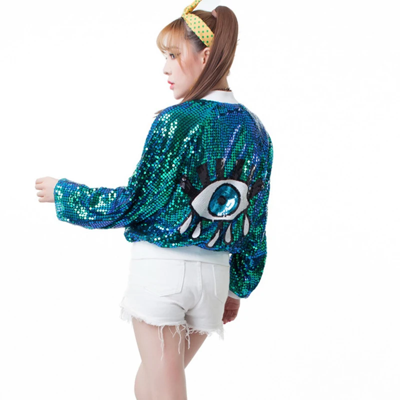 

Womens Stage Performance Jacket Sequined Big Eyes Sexy Girl Hip Hop jazz Dance Top Female Costumes Coats Baseball Jacket Bomber