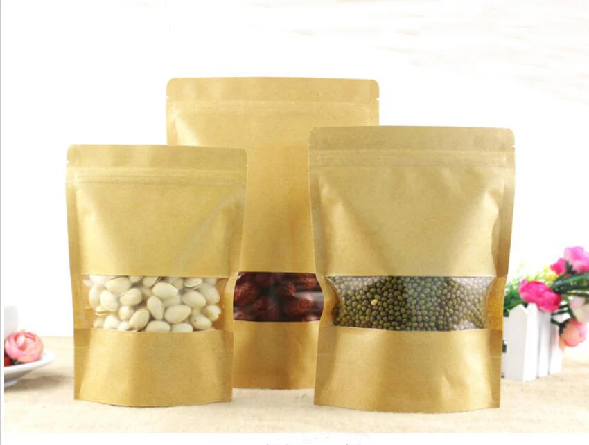 Стоячий пакет из крафт бумаги 15*22 см с матовым окном застежкой молнией 100 шт./лот