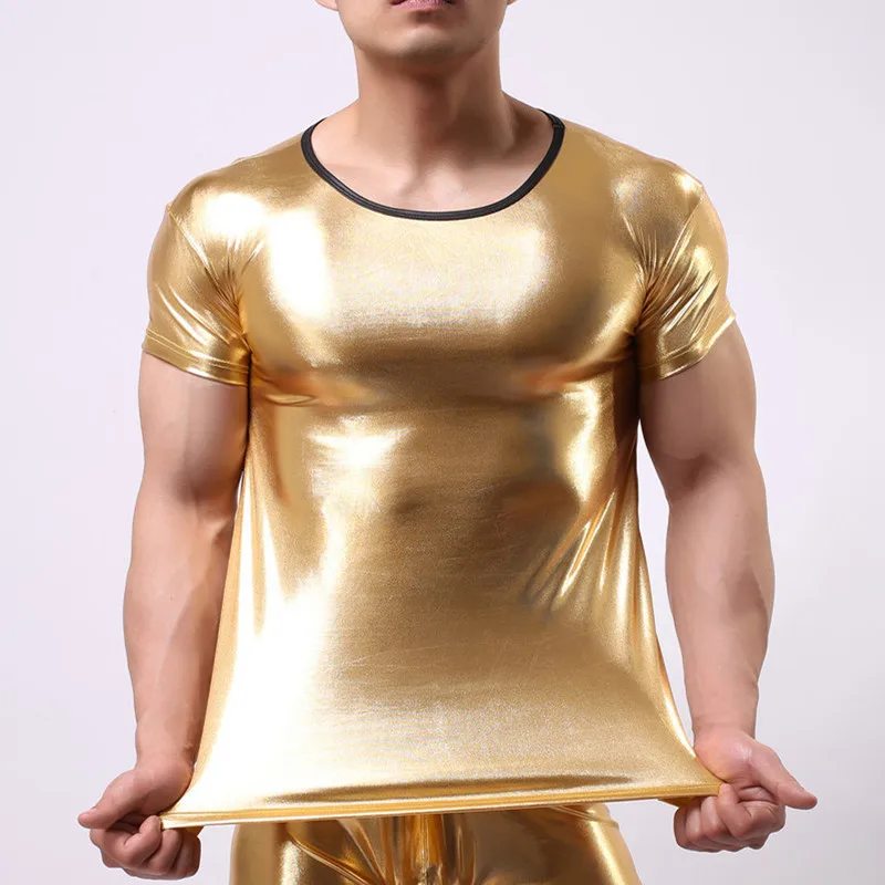 Gold(Only Tops) Сексуальная крутая мужская майка из искусственной кожи, мужские футболки, модные мужские футболки, фирменное нижнее белье из полиэстера, мужские фитнес-майки - Цвет: Gold(Only Tops)