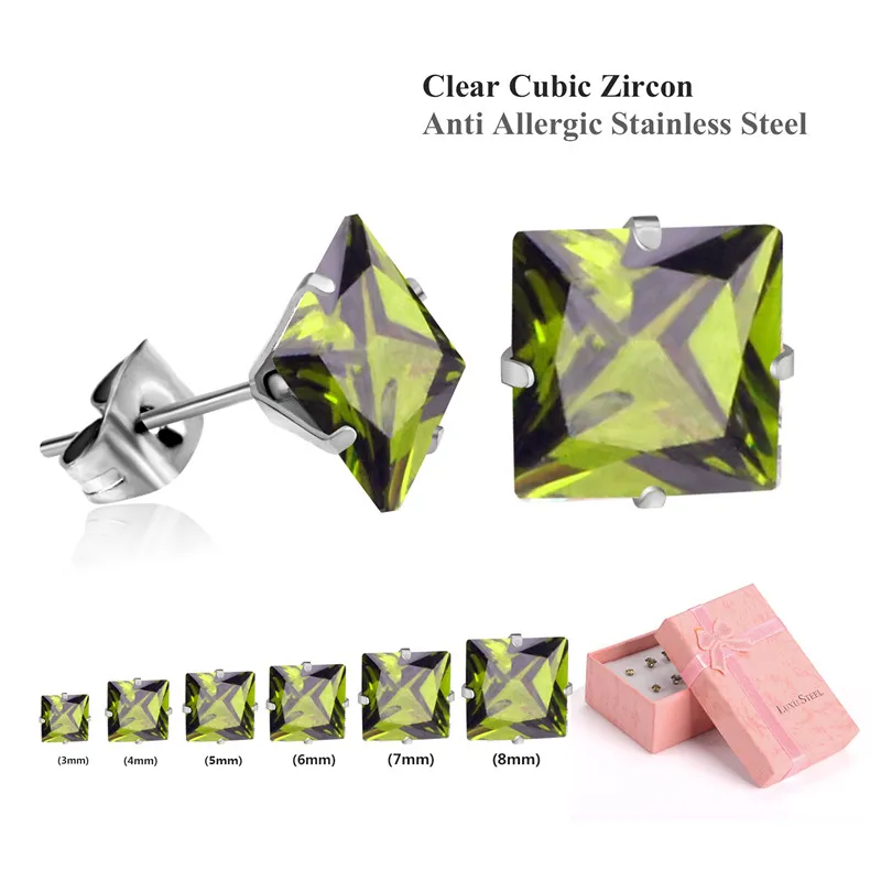 olive green silver 2 Роскошные круглые/квадратные серьги из кубического циркония, 6 пар/кор., набор из разноцветных камней по месяцу рождения, серьги-гвоздики с эффектом пуш-ап, бижутерия, серьги - Окраска металла: olive green silver 2