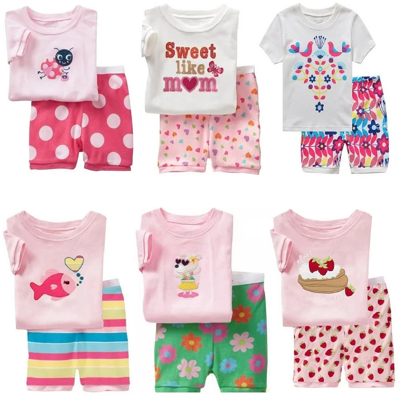 Hooyi Summer Baby Girls Clothes Suits Cotton Children Sleepwear Sets Pink White Girl's T-Shirts Shorts Pants Pajamas 2pcs Sets
