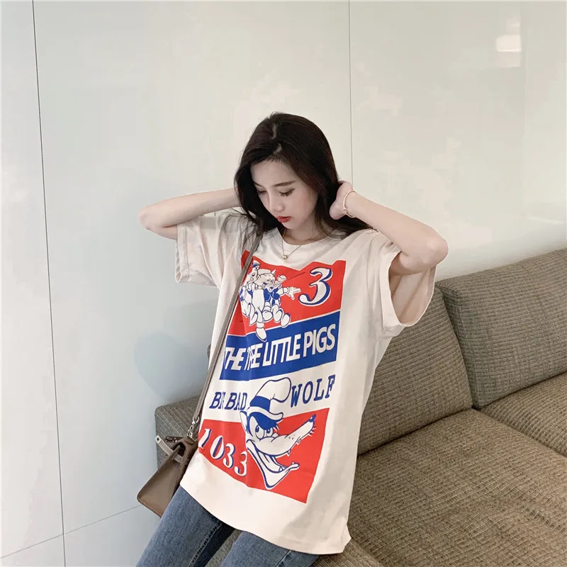 Harajuku Ulzzang Oversize tshirt мультфильм печати короткий рукав футболки корейский стиль Для женщин Свободные Летние Футболка женская Повседневное Топы