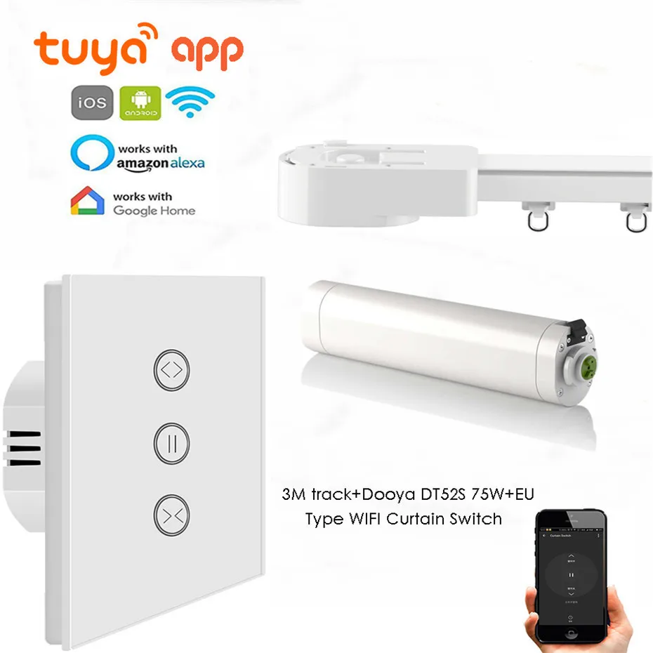 

Переключатель штор Dooya DT52S 75 Вт + 3 М или менее + европейский тип WIFI, автоматическая система штор Tuya App, поддержка Alexa/Google Home