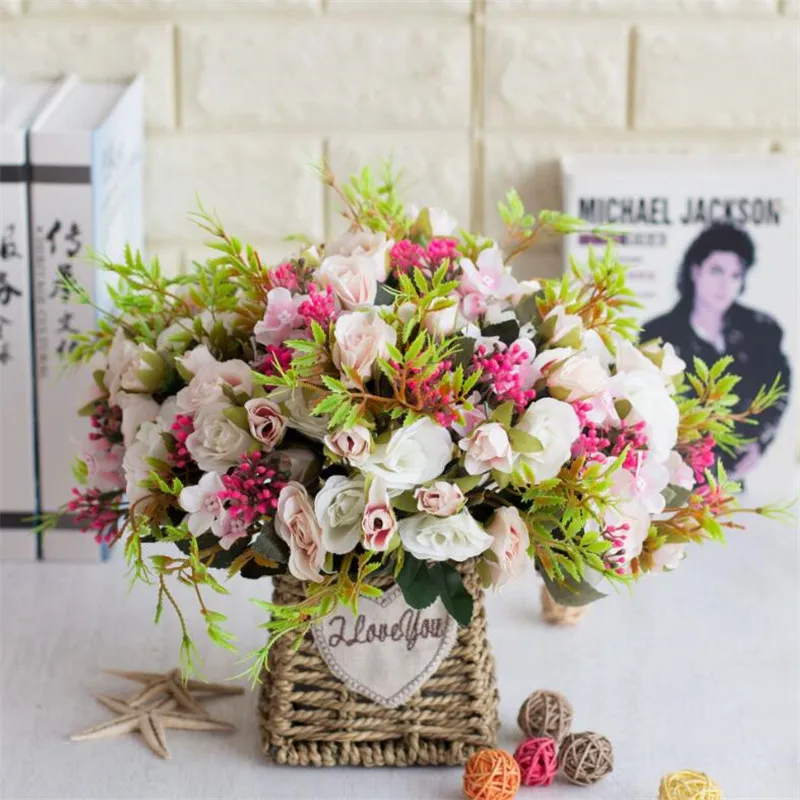 European Fake Rose Bunch Simulation Roses with Plastic Accessories for Wedding Home Decorative Artificial Flowers | Дом и сад