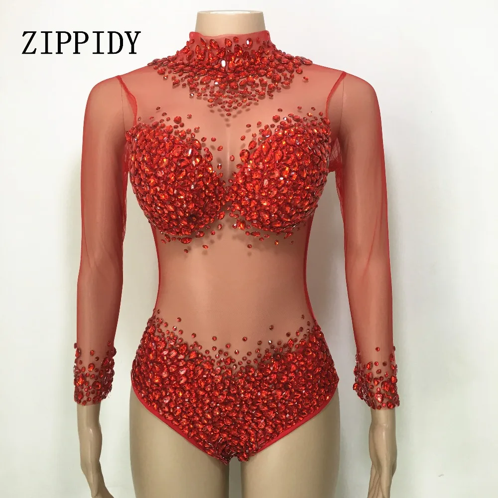 New 6 Colors Rhinestones See Through Bodysuit Big Stones Long Sleeves Sexy Mesh Performance Bodysuit Bar Nightclub Dance Outfit
