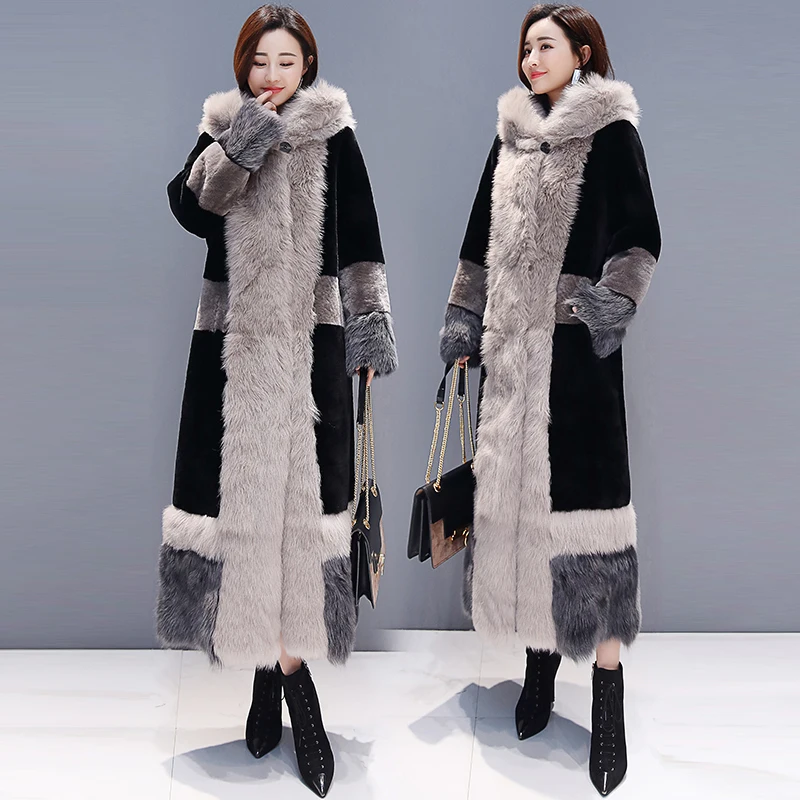 Женское длинное пальто из искусственного меха свободная парка с капюшоном Длинная зимняя куртка макси