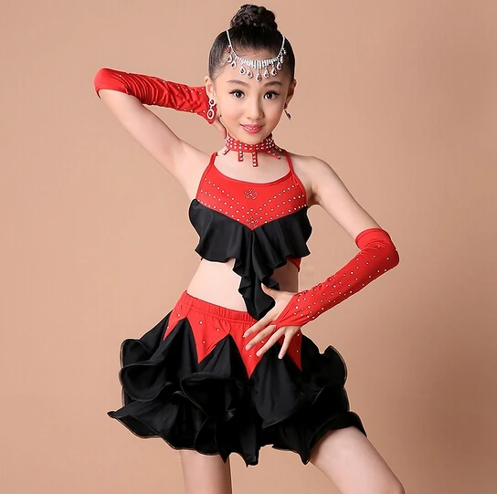 

3 color Stage skyblue black fashion rumba latin dance dress tango samba competition110-160cm professional girl child costume