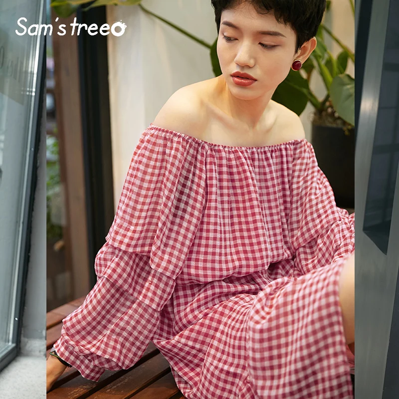 Samstree, сексуальное летнее женское платье, с открытыми плечами, винтажное, Vestidos Verano, клетчатое, на шнуровке, талия, с вырезом лодочкой, до середины икры, женское платье