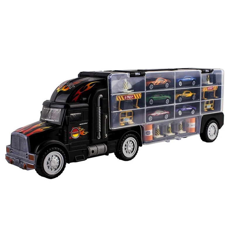 

18Pcs/set Transport Car Carrier Truck Toy for Boys (includes Alloy Metal 6PcsCars+ 1Pcs Truck+11pcs Roadblocks) For Kids Childre