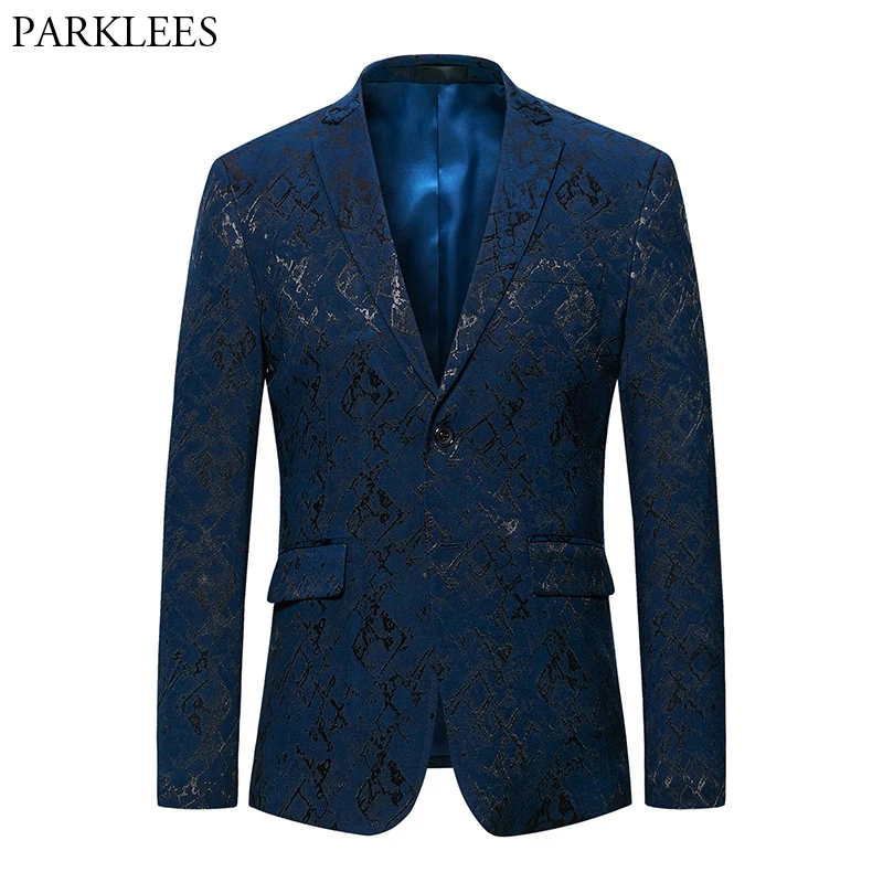 

Mens Notched Lapel Blazer Jacket 2019 Brand New Bronzing Print Single Breasted Suit Blazer DJ Club Party Stage Singer Clothes