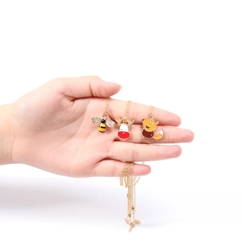 

30PCS Cartoon Colorful Animal Fox Necklace Crystal Bumble Queen Honey Bee Necklace Christmas Elk Deer Head Necklaces for Women