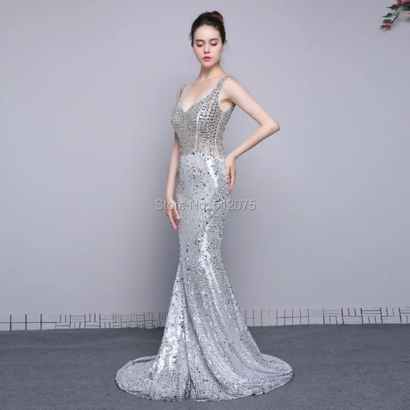 Настоящая фотография Мода v-образным вырезом без рукавов блесток Русалка Длинные