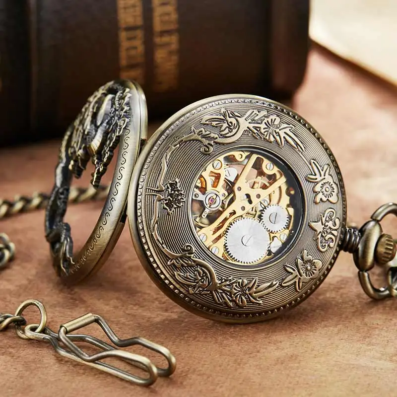 Vintage Bronze Dragon  Hollow Exquisite Sculpture Mechanical Skeleton Retro Pocket Watches Men Chains Lucky Lover Wedding Gifts