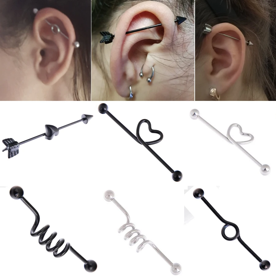 

5pcs Fake Long Barbell Industrial Piercing Ear Cartilage Stud Earring Barbell Straight Ear Piercing Heart Arrow spiral Jewlery