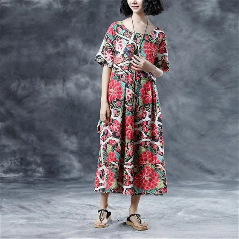 BUYKUD Women 2018 Floral Summer Printed Pleated Long Dress Short Sleeve Round Neck Casual loose Multi Color Dresses With Pocket | Женская