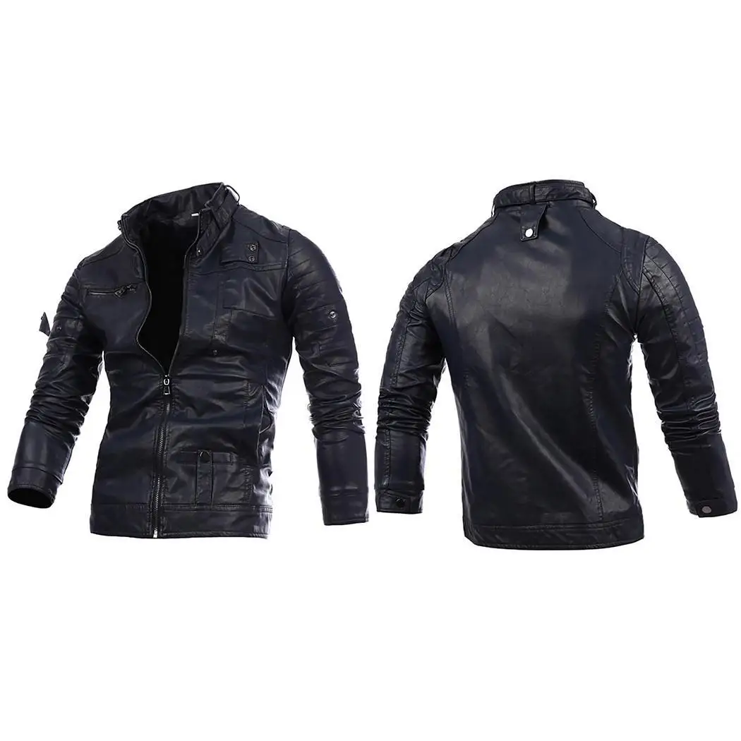Мужская модная куртка из искусственной кожи с воротником-стойкой на молнии