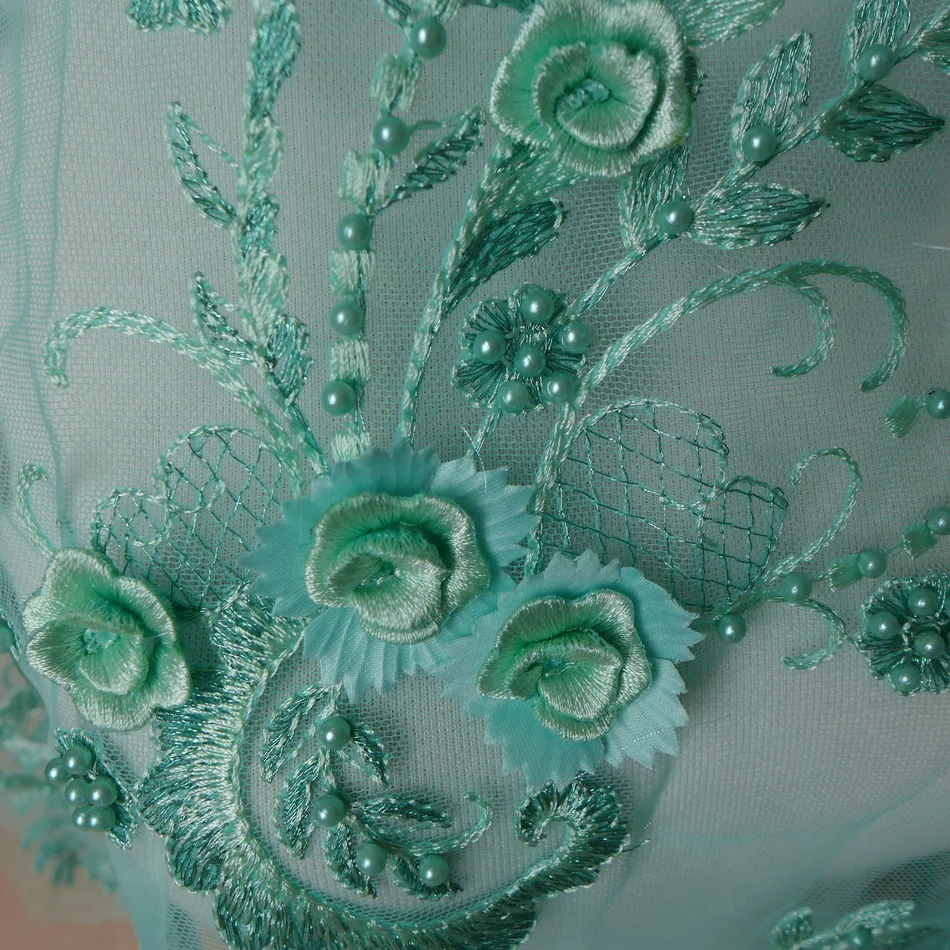 Мятно-зеленая/Черная 3D Цветочная вышитая бисером сетчатая кружевная ткань