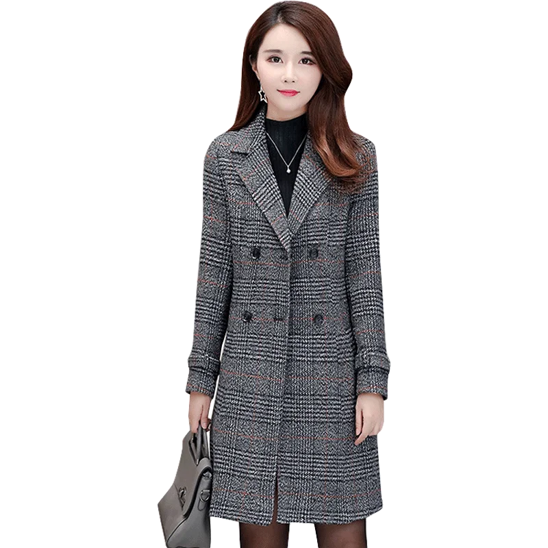 

New Spring Autumn Lattice Woolen Coat Women Loose Size Clothing For Women Long Sleeve Wool Coats Fashion Windbreaker Coat 2291