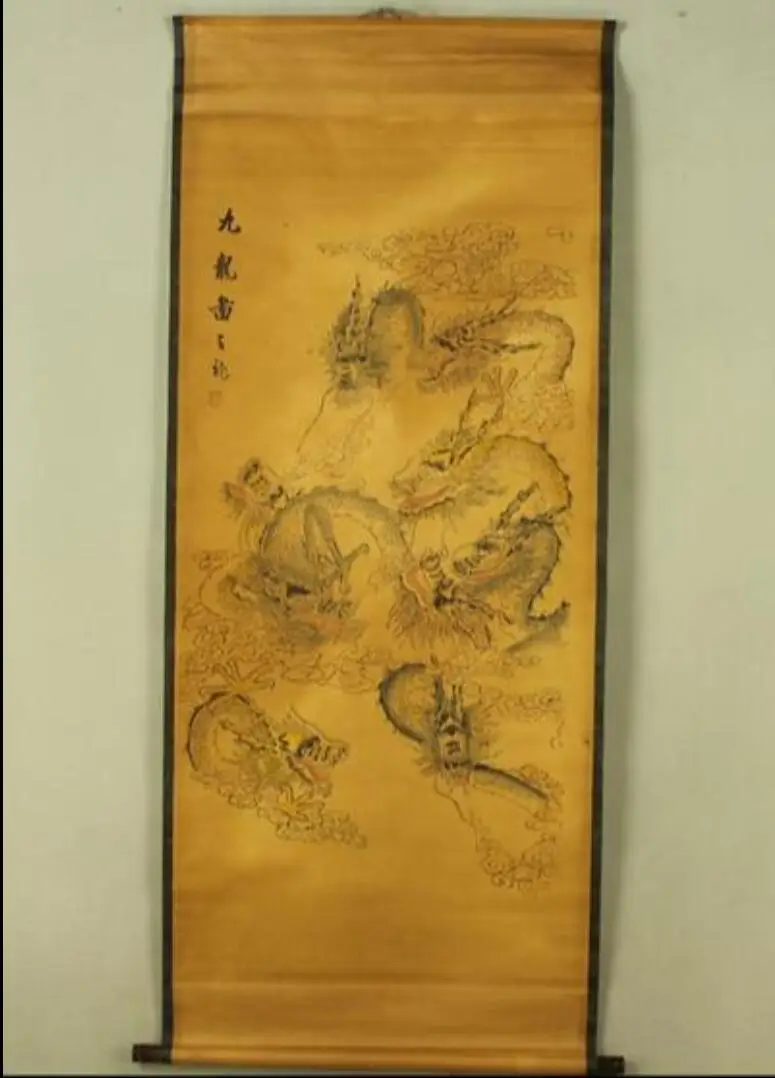 Antique painting traditional Chinese 9 dragon scroll old paper | Дом и сад