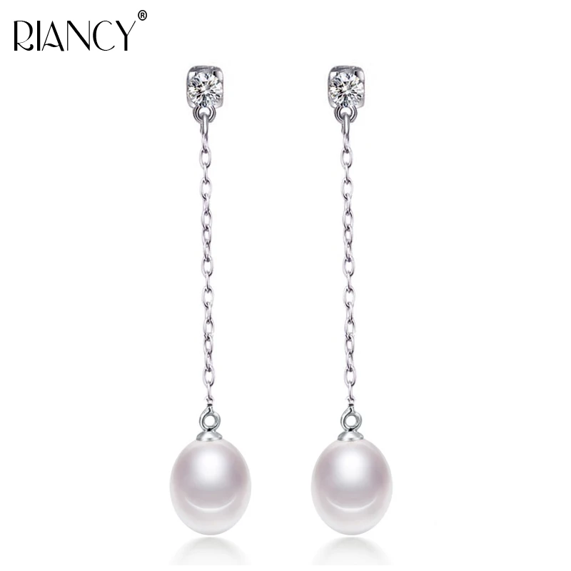 Simple trendy earrings with natural freshwater pearls, shiny long 925 sterling silver women, geniue pearl jewelry mom lover gift