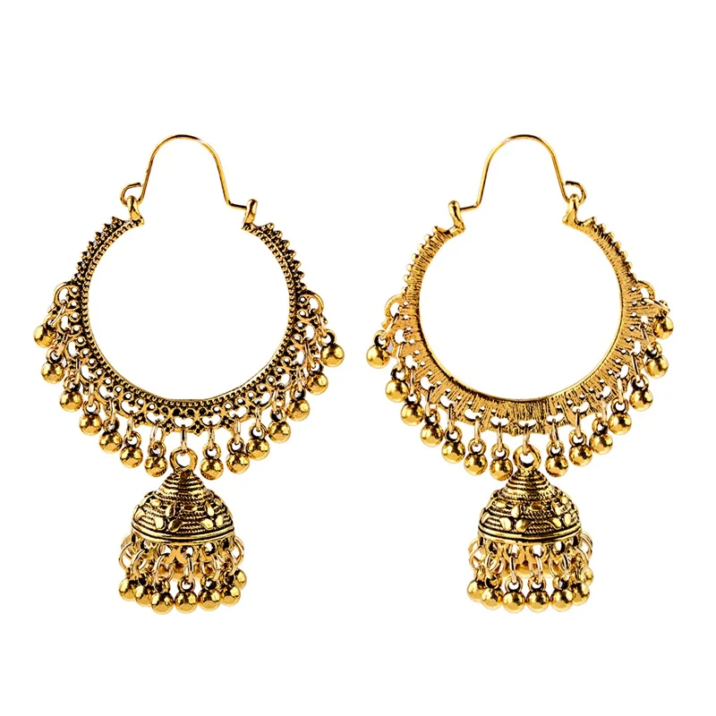 TopHanqi Бохо Индийская Jhumka большой колокольчик Висячие серьги для женщин винтажные серебряные металлические круглая серьга круга цыганские украшения