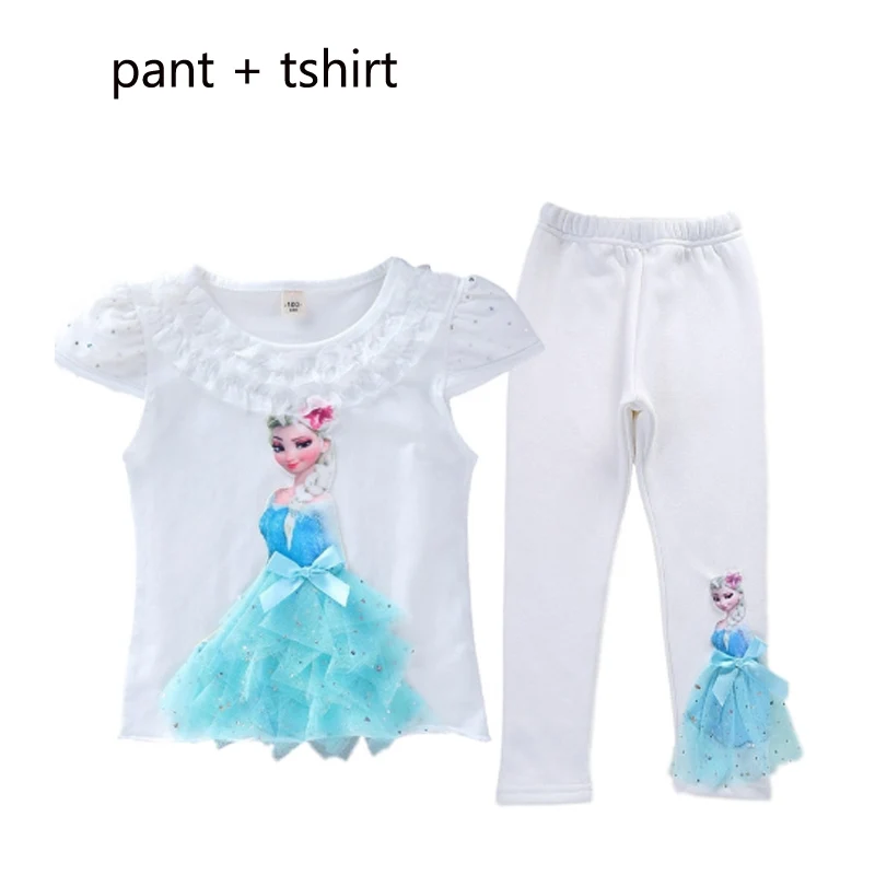 shirt pant Новые летние комплекты одежды для девочек Детские хлопковые футболки с рисунком Эльзы, кружевная футболка принцессы+ длинные штаны, леггинсы одежда для детей с 3D рисунком - Цвет: shirt pant